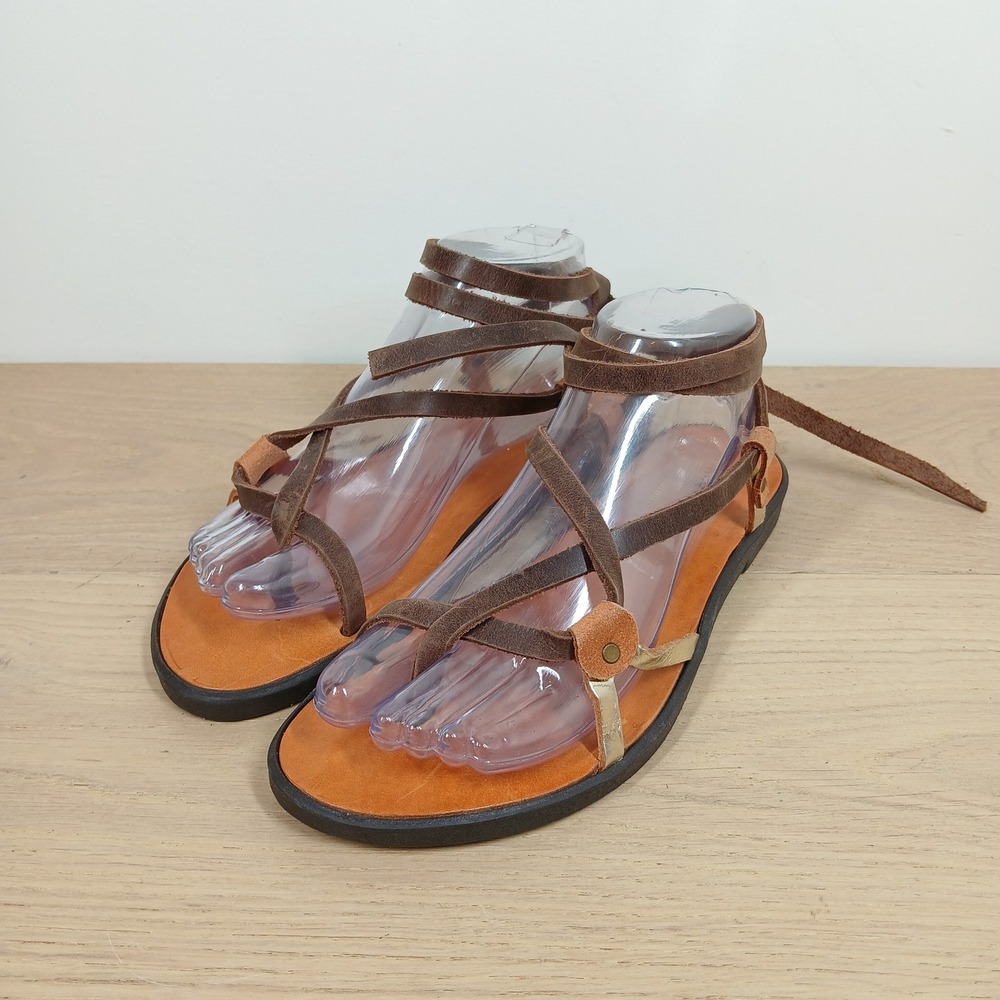 Handmade Gladiator Sandals Women 40 Brown Leather Gold Strappy Wrap Lace Up Flat